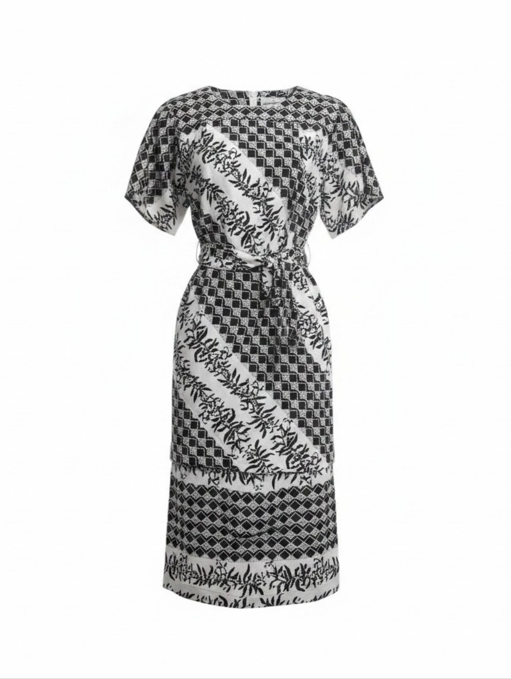 Handmade White Linen Black Geometric Floral Print Belted Midi Dress, Size 8 - Picture 2 of 3